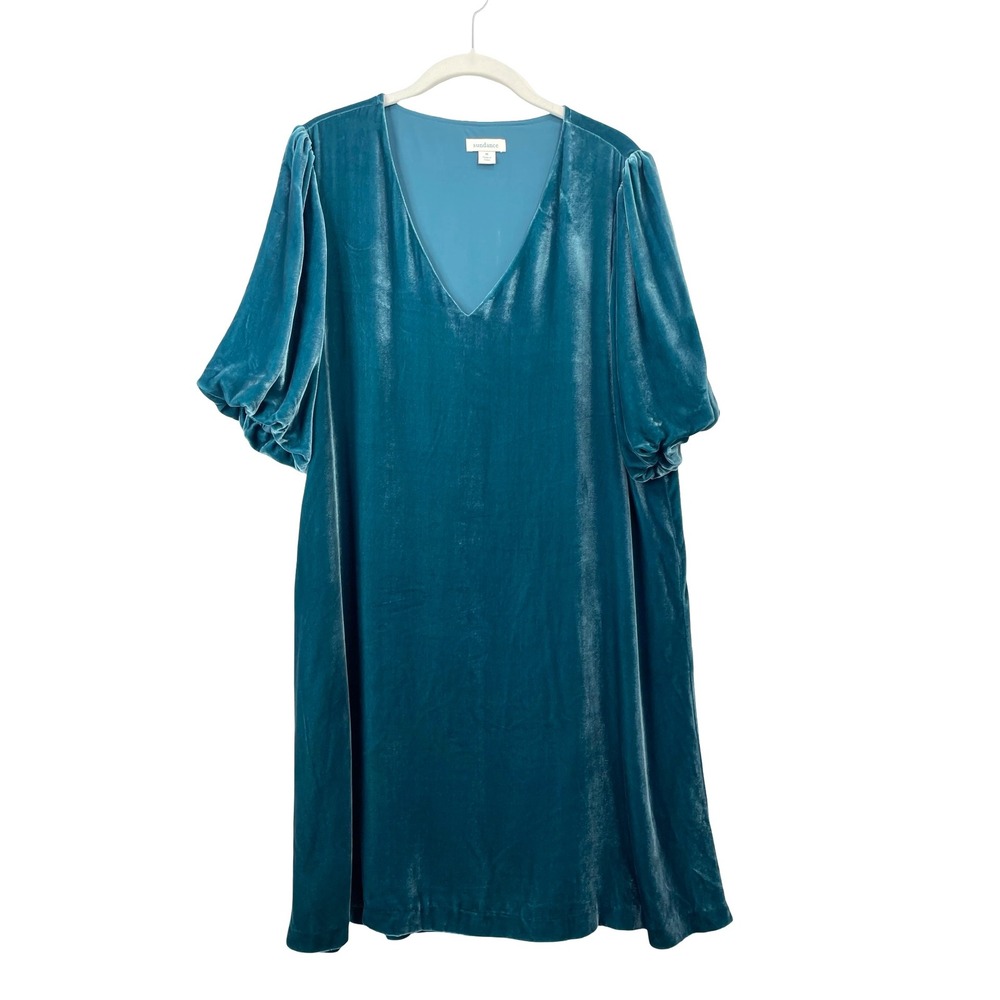 Sundance Etienne crushed‎ velvet short puff sleeve dress Size M teal green